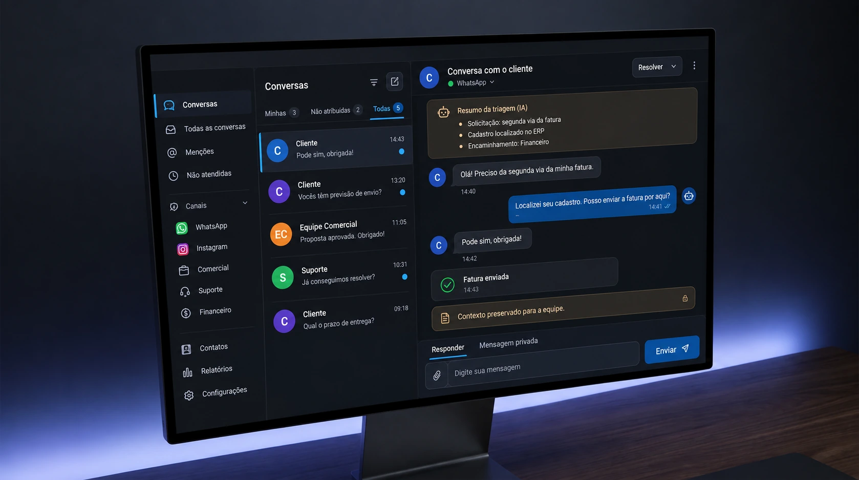 Demonstração da interface Liggo com canais, lista de conversas, resumo da IA e atendimento em português